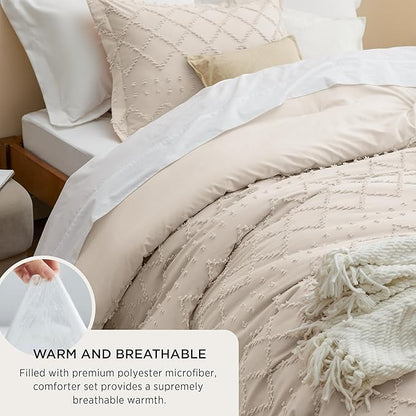 Bedsure King Size Comforter Set - Beige Comforter, Boho Tufted Shabby Chic Bedding Comforter Set, 3 Pieces Vintage Farmhouse Bed Set for All Seasons, Fluffy Soft Bedding Set with 2 Pillow Shams