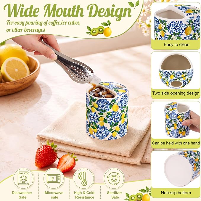 4 Pack Fruit Ceramic Coffee Mug with Sip Hole 10 Oz Espresso Cup with Straws Retro Hand Painted Fruit Porcelain Coffee Tea Cup Cappuccino Latte Mug for Kitchen Dining Travel