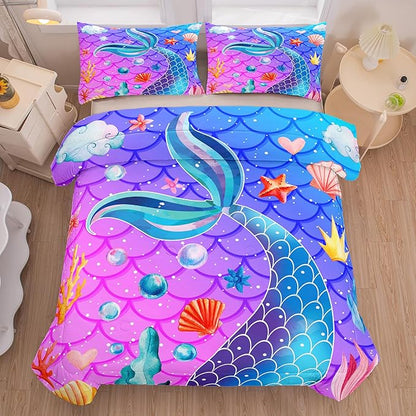 NINENINE Purple Mermaid Tail Comforter Sets for Girls,Twin Princess Bedding Sets for Teens Girls,Blue Glitter Comforter Sets,Sparkly Fish Scales Comforter Sets with 1 Comforter 1Pillowcase
