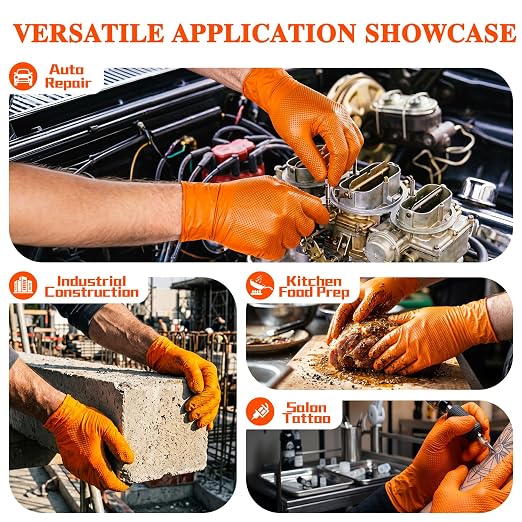 ANBOSON 10 Mil Heavy Duty Mechanic Nitrile Gloves, Large Orange 100 Count | Diamond Grip,Latex Free,Chemical Resistant Disposable Thick Rubber Gloves for Auto Repair, Industrial, Food, Work ,BBQ,Men