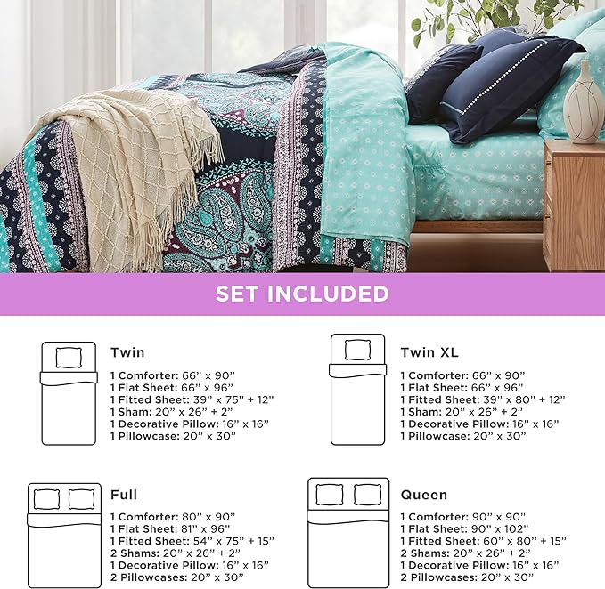 Degrees of Comfort Queen Bed Set, Boho Mandala Comforter Sets with Sheets,Blue Microfibe Bed in A Bag with Side Pockets, Matching Decorative Pillow, 8 Piece Navy