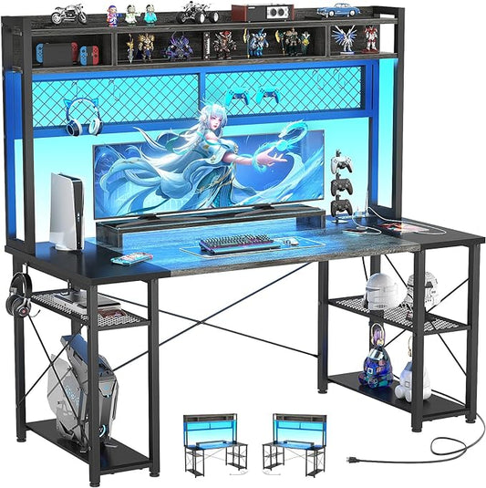 armocity 2024 Upgrade Gaming Desk with Hutch, 55.2'' Magic Computer Desk with LED and Outlets, Reversible Workstation Desk with Pegboard, Grey/Black
