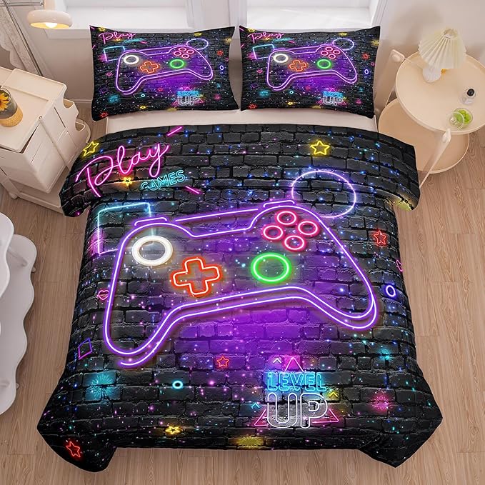 NINENINE Gaming Bedding Sets for Boys,6PCS Queen Size for Boys,Gamer Comforter Kids Teens Bedding Comforter Sheet Set(1Comforter,1Flat Sheet,1Fitted Sheet,1Cushion Cover,2Pillowcases)…