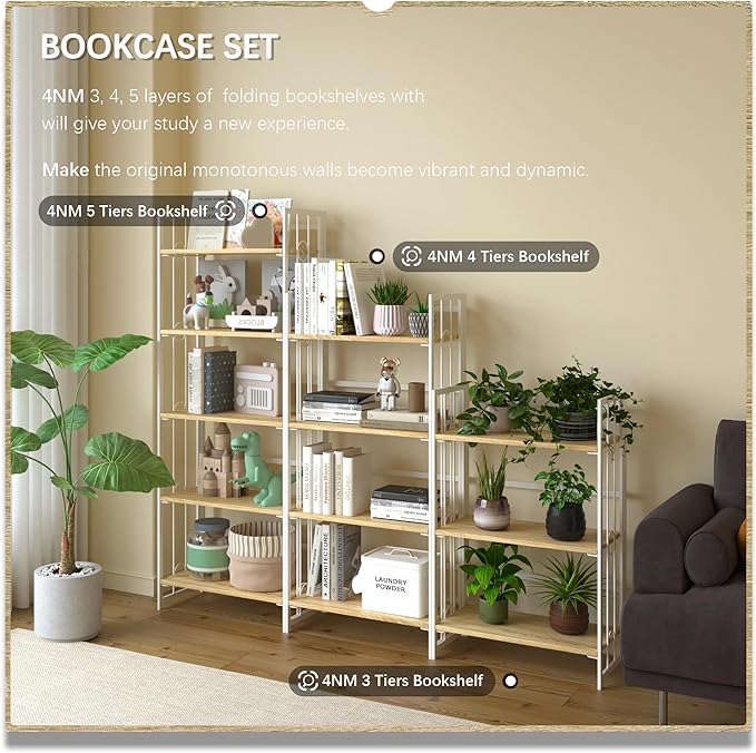 4NM No-Assembly 5 Tiers Folding Bookshelf Storage Shelves Vintage Bookcase Standing Racks Study Organizer Home Office - Natural and White