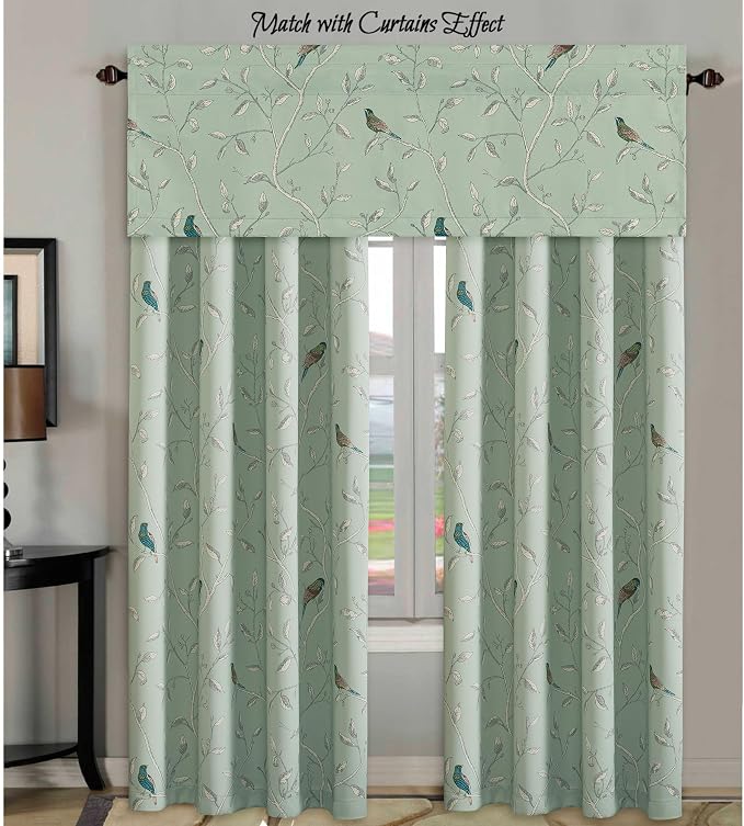 H.VERSAILTEX Blackout Curtain Valances for Kitchen Window/Living Room/Bathroom Privacy Added Rod Pocket Home Decoration Winow Valance, 52" W x 18" L, Birds in Sage (Pack of 4)