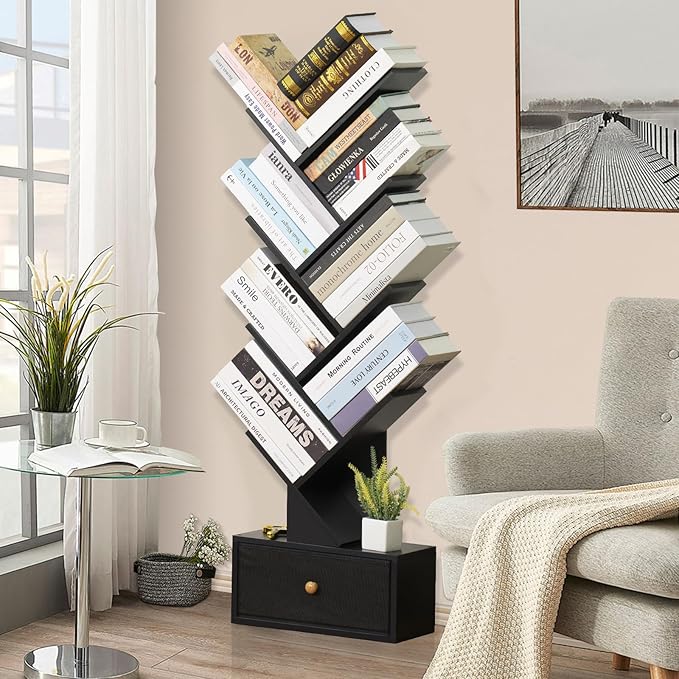 8 Tier Tree Bookshelf with Drawer, Free Standing Wood Bookcase for Living Room, Bedroom, Home Office, Space Saving Storage Organizer Bookshelves for Books, CDs, Vinyl Records- Black