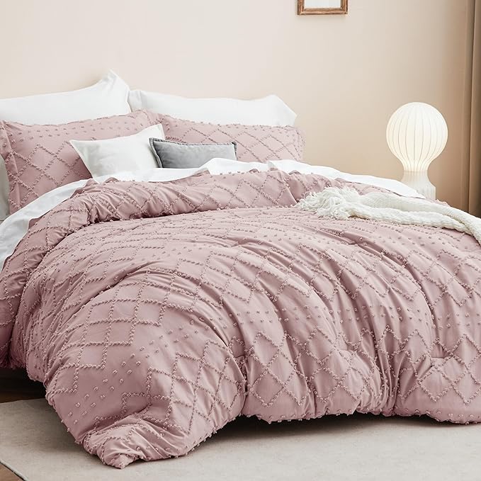 Bedsure Twin/Twin XL Comforter Set - Dusty Rose Boho Twin Extra Long Comforter Set for College, Shabby Chic Dorm Bedding Set, 2 Pieces Modern Farmhouse Bed Set, includes 1 Pillow Sham