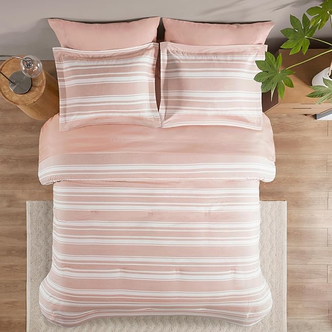 Codi Teen Girl Bedding Full Size, Pink Striped Bed in a Bag Reversible All Season Bed Set, 7 Piece Comforter Set with 2 Pillow Shams, Flat Sheet, Fitted Sheet and 2 Pillowcases