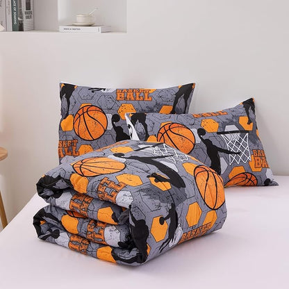 Btargot 3 Piece Grey Geometric Basketball Comforter Set Full for Boys Teens, 3D Sports Bedding,Soft Microfiber Reversible Quilt with 2 Matching Pillow Shams, Yellow