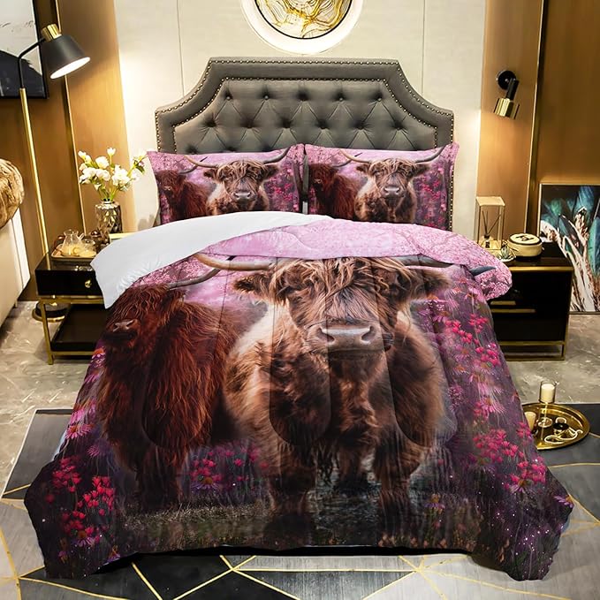 Cow Print Comforter Set Full Size Cherry Blossoms Cow Bedding Set Farmhouse Animals Quilt Bed Set with 1 Comforter and 2 Pillowcases