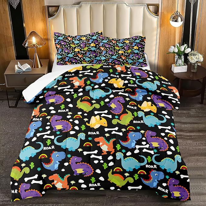 Dinosaur Comforter Set Queen - Cartoon Dinosaur Bedding Boys Comforter Set Soft Breathable Dinosaur Quilt Kids Queen Size Bedding Set for All Season, 1 Comforter 2 Pillowcase