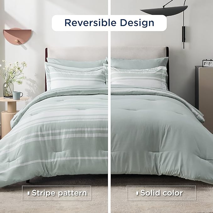 Bedsure Bed in a Bag King Size 7 Pieces, Sage Green White Striped Bedding Comforter Sets All Season Bed Set, 2 Pillow Shams, Flat Sheet, Fitted Sheet and 2 Pillowcases