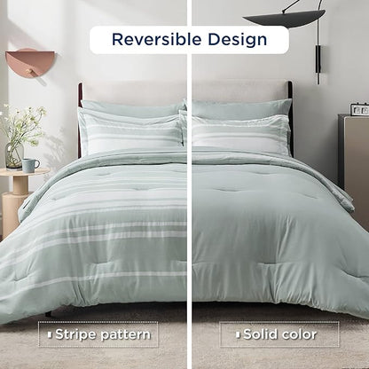 Bedsure Bed in a Bag King Size 7 Pieces, Sage Green White Striped Bedding Comforter Sets All Season Bed Set, 2 Pillow Shams, Flat Sheet, Fitted Sheet and 2 Pillowcases