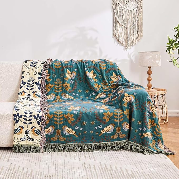 Boho Throw Blanket, 100% Cotton Ultra Soft Luxury Throw Rustic Quilt, 80"x90" Floral Printed Farmhouse Decor Bed Summer Blankets, All Season Rustic Reversible Bohemian Throw for Bed - Blue