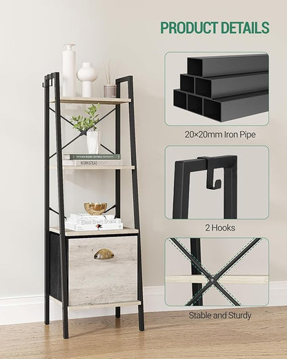 Narrow Bookshelf Bookcase with Drawer, Ladder Shelf with 2 Hooks, Bookshelves Storage Organizer, Freestanding Display Standing for Home Office, Bedroom, 4 Tier Greige BC19405B