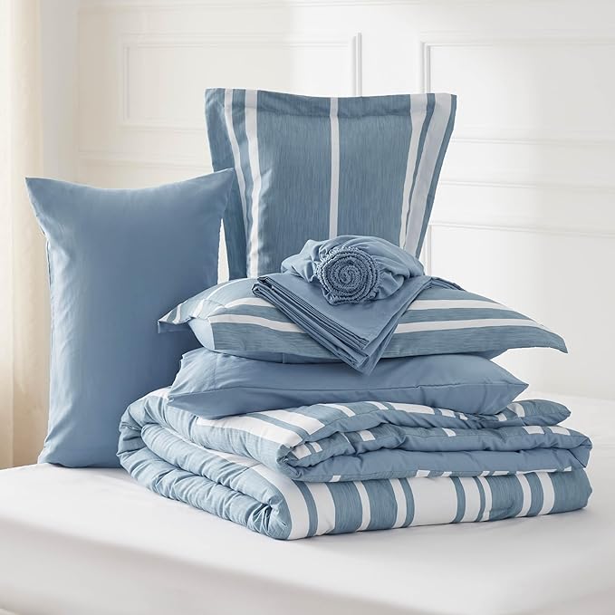 Bedsure Twin XL Comforter Set for College Boys, Blue White Striped Bedding Comforter Sets All Season Bed Set with 1 Pillow Sham, Flat Sheet, Fitted Sheet and 1 Pillowcase