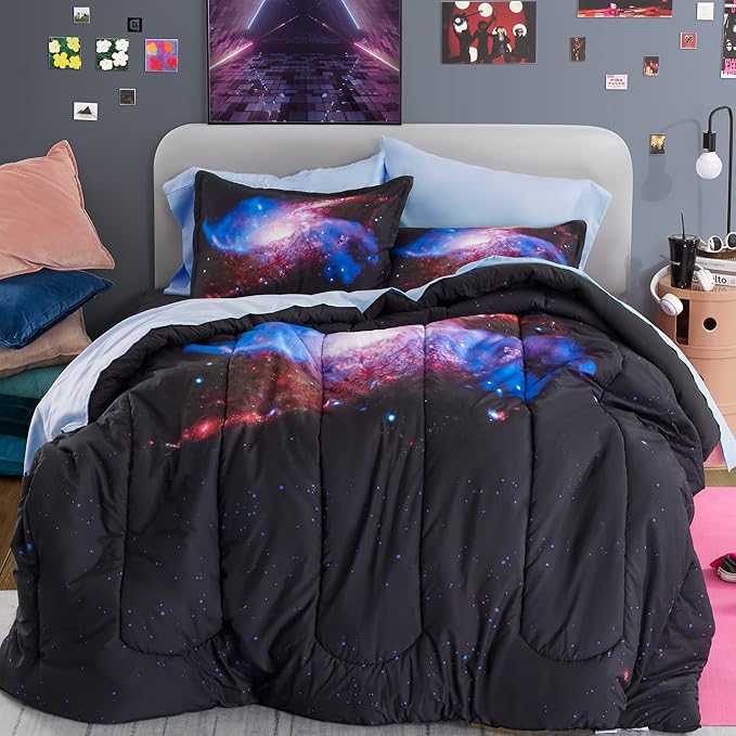 SLEEP ZONE Kids Bedding Comforter Set Full/Queen Size - Super Soft & Cute Printed 3-Piece Comforter Set All Seasons for Boys, Girls, Fade Resistant, Machine Washable, Purple Galaxy