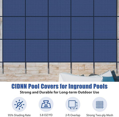 Inground Pool Cover Safety Fits Rectangle Swimming Pool, Mesh Solid Pool Cover for Inground Pools,Winter Pool Safety Cover Includes Safety Net and Installation Tools Blue (Blue, Fits 16x32ft Pools)