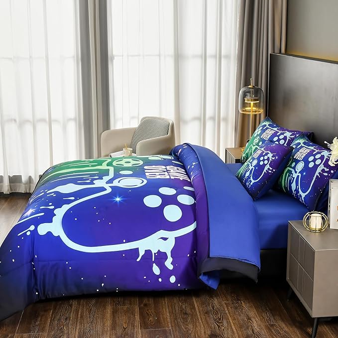 Gamer Console Blue Comforter Set with Sheets for Boys,Full Size Glitter Gaming Bedding Set for Kids,6 Pieces Colorful Graffiti Green Dark Game Controller Bed in a Bag for Teens (Green&Blue, Full)