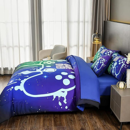 Gamer Console Blue Comforter Set with Sheets for Boys,Full Size Glitter Gaming Bedding Set for Kids,6 Pieces Colorful Graffiti Green Dark Game Controller Bed in a Bag for Teens (Green&Blue, Full)