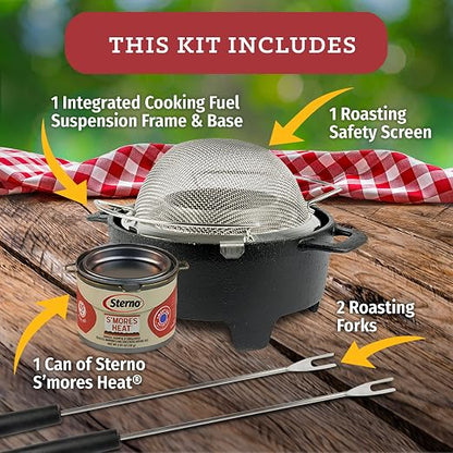 Sterno 70277 Smores Maker Jr Table Top Smores Fire Pit, Portable, Cordless, Food-Safe, Great for Outdoors or Indoors - Jr Size, Black | Includes base, roasting screen, 2 forks, and fuel can