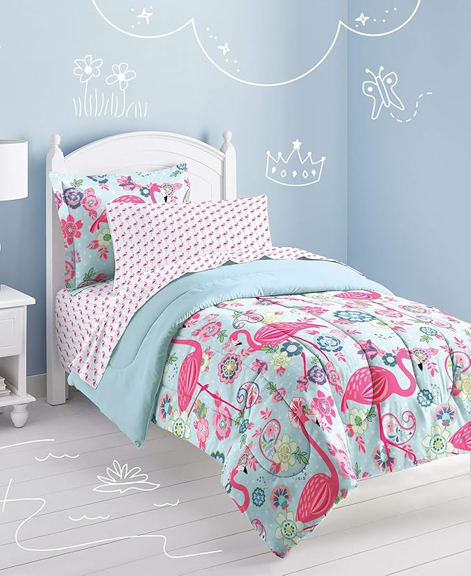dream FACTORY Kids 7-Piece Complete Set Easy-Wash Super Soft Microfiber Comforter Bedding, Full, Pink Flamingo