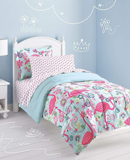 dream FACTORY Kids 7-Piece Complete Set Easy-Wash Super Soft Microfiber Comforter Bedding, Full, Pink Flamingo