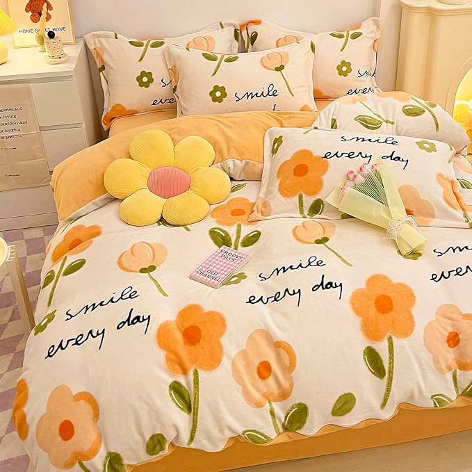 MorroMorn Queen Duvet Cover Orange Flowers, Floral Bedding Sets, Plush Fluffy Comforter Covers Set, Down Alternative Blanket Ultra Soft for Girls Kids Teen Women Full Double Size