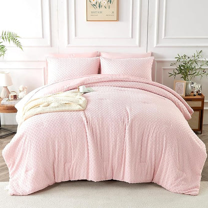 Queen Size Tufted Kids Comforter Set 7 Piece Pink Jacquard Tufts Embroidery Bedding Set for Boys Girls Bed in A Bag Quilt with 1 Comforter, 1 Flat Sheet, 1 Fitted Sheet, 2 Pillowcase and 2 Pillow Sham