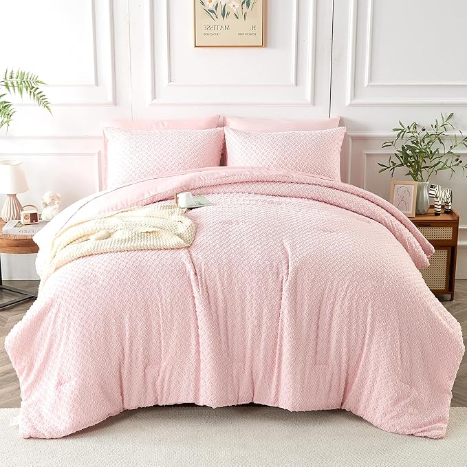 Twin Size Tufted Kids Comforter Set 6 Piece Pink Jacquard Tufts Embroidery Bedding Set for Girls Bed in A Bag Quilt with 1 Comforter, 1 Flat Sheet, 1 Fitted Sheet, 1 Pillowcase and 2 Pillow Sham