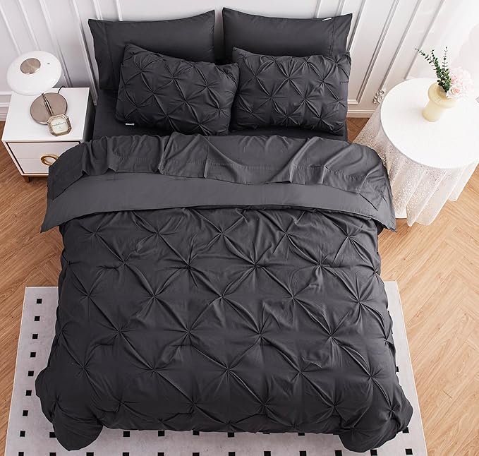 LANE LINEN California King Comforter Set, 7 Piece Cal King Bed in a Bag, Pintuck Cal King Bedding Set, Soft Cali King Bed Set, Cal King Bedding Comforter Sets with Sheets, Pillowcases & Shams - Grey