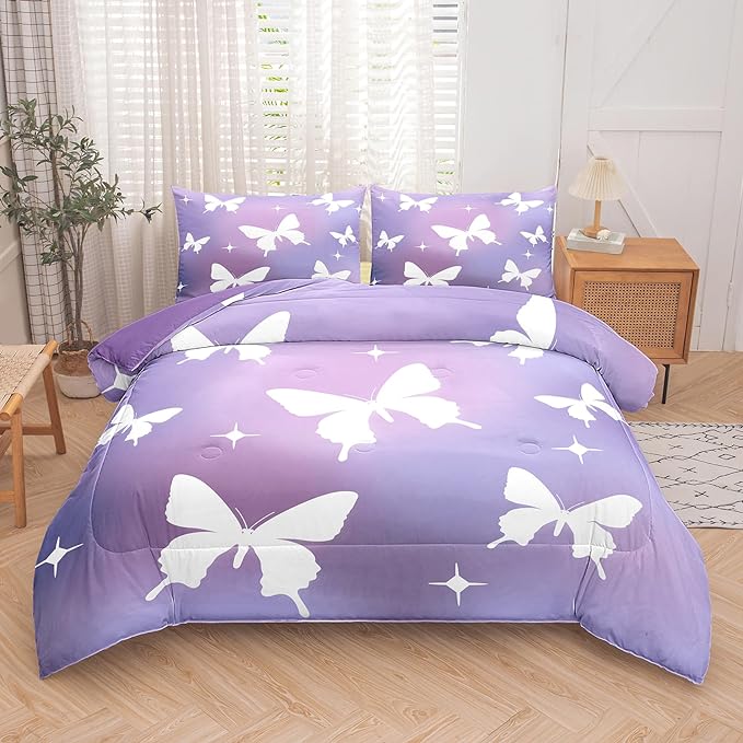 Tailor Shop Butterfly Comforter Sets Twin Size,Purple Butterfly Bedding Sets for Girls Kids Teens with 1 Pillowcase…