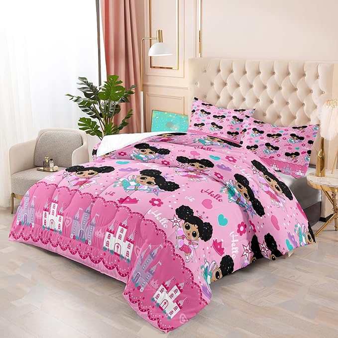 Pink Girls Comforter Sets Full, African American Black Girl Comforter Set Full Size Comforter Sets for Girls Soft Princess Bedding Decor for Girls Bedroom with 1 Comforter 2 Pillowcases