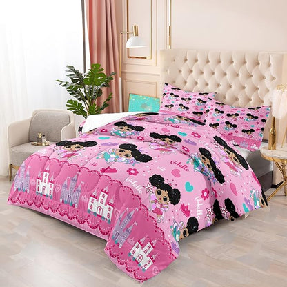 Pink Girls Comforter Sets Full, African American Black Girl Comforter Set Full Size Comforter Sets for Girls Soft Princess Bedding Decor for Girls Bedroom with 1 Comforter 2 Pillowcases