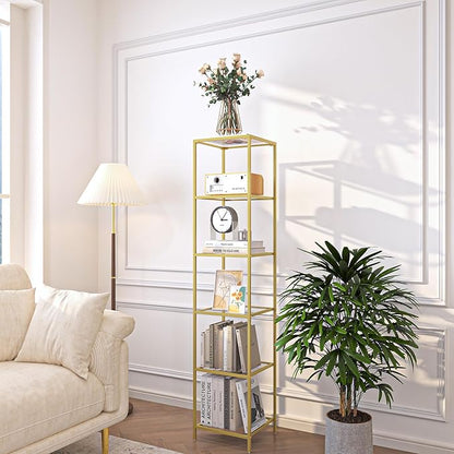 6-Tier Bookshelf,Metal Bookcase,Tempered Glass Shelves,Storage Rack Shelf for Home Office,Living Room,Bedroom, Bathroom,Modern Style,Golden