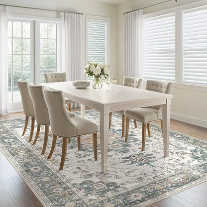 Washable Area Rugs for Living Room - 5x7 Neutral Vintage Distressed Floral Farmhouse Boho Large Soft Floor Rug Indoor Non Slip Carpet for Living Room Bedroom Dining Room Office - Green/Grey