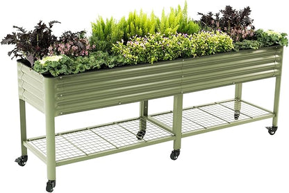 Rolling Elevated Raised Garden Bed-V Series, 2' x 8' Garden Beds with Legs & Storage Rack for Patio & Porch, 1400 Lbs Weight Capacity, Outdoor Planter Box for Vegetables Flower Herbs, Olive Green