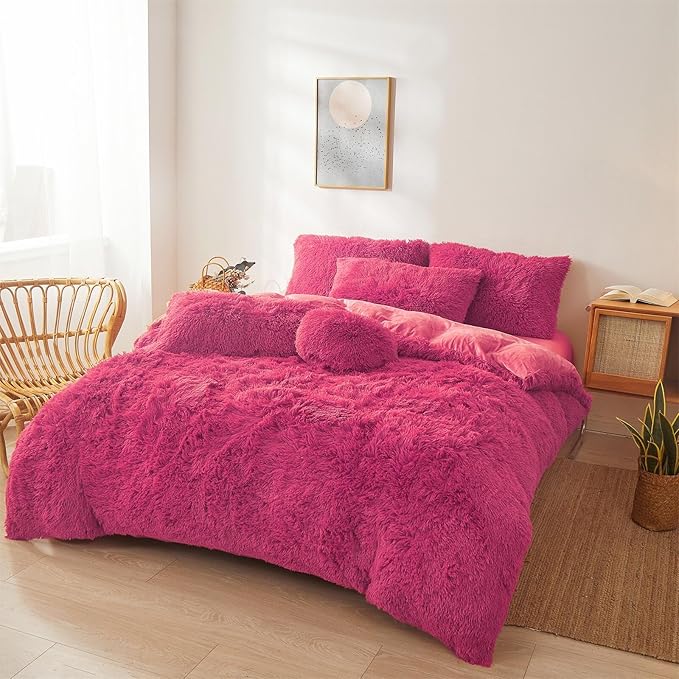 FOPPA Hot pink fluffy Comforter Cover Set king- Ultra Soft fluffy hot pink Bedding Sets 3 Pieces (1 Duvet Cover + 2 Pillow case) hot pink fluffy bed set (Hot pink, King)