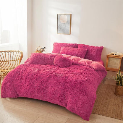 FOPPA Hot pink fluffy Comforter Cover Set king- Ultra Soft fluffy hot pink Bedding Sets 3 Pieces (1 Duvet Cover + 2 Pillow case) hot pink fluffy bed set (Hot pink, King)