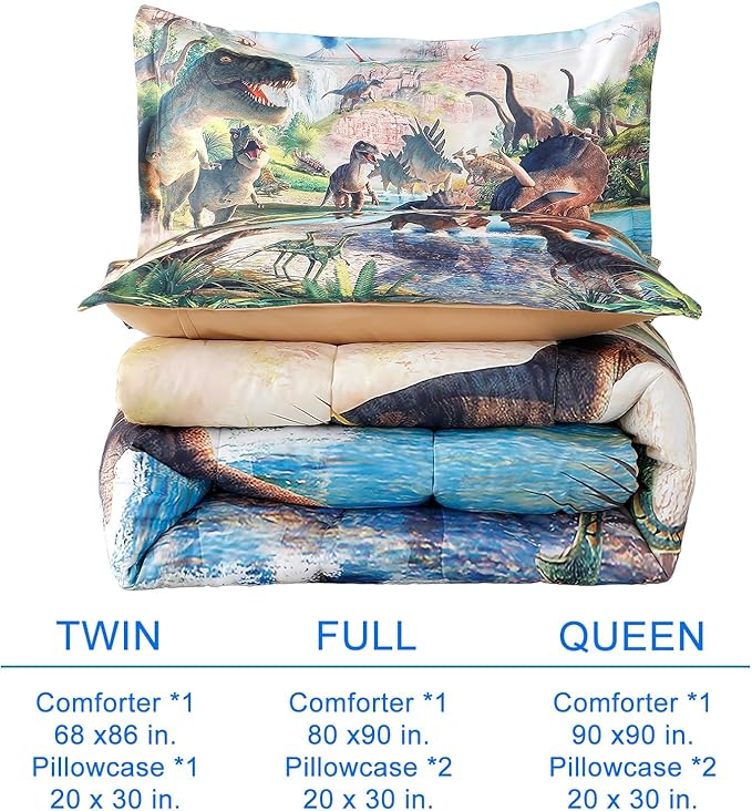 WINLIFE Dinosaur Comforter Set Twin Kids Bedding Set T-Rex Jurassic Jungle Dino Comforter Sets for Boys Teens, Lightweight Easy Care Bedding (2 Pieces, Twin)