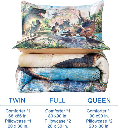WINLIFE Dinosaur Comforter Set Twin Kids Bedding Set T-Rex Jurassic Jungle Dino Comforter Sets for Boys Teens, Lightweight Easy Care Bedding (2 Pieces, Twin)