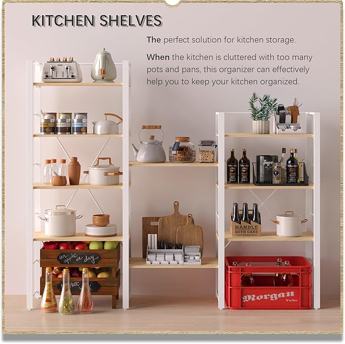 4NM Bookshelf Industrial Bookcase 5 Tier Home Office Adjustable Bookshelves Storage Shelves Organizer Vintage Book shelf Display Rack for Living Room, Bedroom,Home - Natural