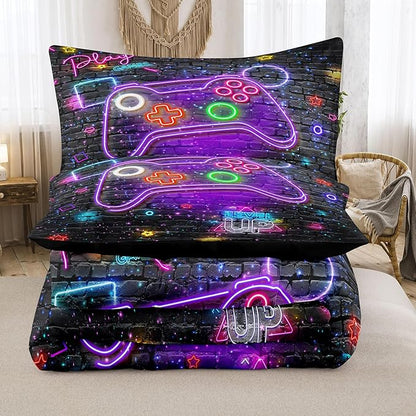 NINENINE Gaming Bedding Sets for Boys,6PCS Queen Size for Boys,Gamer Comforter Kids Teens Bedding Comforter Sheet Set(1Comforter,1Flat Sheet,1Fitted Sheet,1Cushion Cover,2Pillowcases)…
