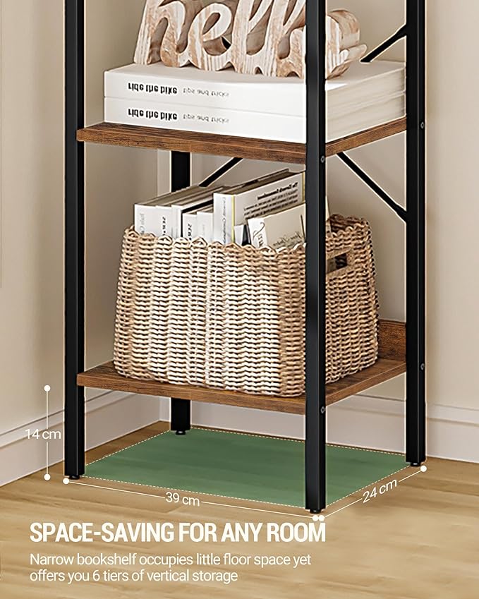 Bookshelf, Book Shelf, Industrial Bookcase with 2 Hooks, Coner Shelf Storage Organizer for Home Office, Living Room, Bedroom, Kitchen, 6-Tier Rustic Brown BC10701B
