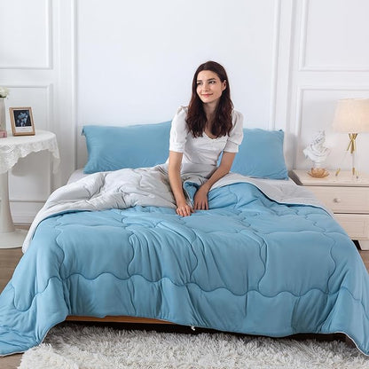 COTTEBED Reversible Light Blue and Grey Bed Comforter Twin Set, Jersey Knit T-Shirt Feel Ultra-Soft Lightweight Bedding Blanket Quilt & Pillowcase for Kid Boy Girl College Dorm All Season(Twin/TwinXL)