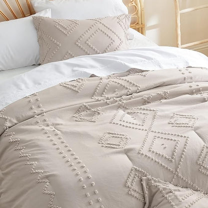 Bedsure Boho Comforter Set Queen - Linen Tufted Bedding Comforter Set, 3 Pieces Farmhouse Shabby Chic Embroidery Bedding Set, Soft Geometric Pattern Comforter for All Seasons