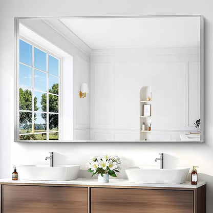 Silver Bathroom Mirror, 60x40 Inch Rectangular Framed Mirror, Large Wall Mounted Bathroom Vanity Mirror Over Sink for Bedroom,Restroom, Living Room, Hangs Vertically or Horizontally