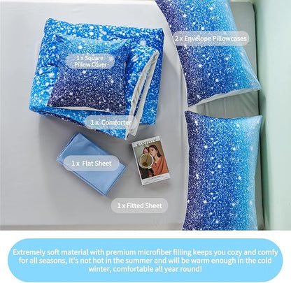 RYNGHIPY 6Pcs Gradient Aqua Blue Navy Ombre Comforter Sets with Sheets Pillowcases, Twin Size Sparkle Glitter Design Comforter Bedding Collections for Kids Boys and Girls