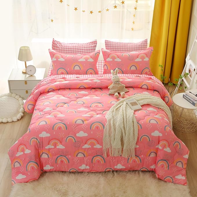 Kids Rainbow Comforter Set for Girls Teens Full Size 7 Piece Cloud Sun Pink Bedding Set 3D Cute Cartoon Love Hearts Bed in a Bag