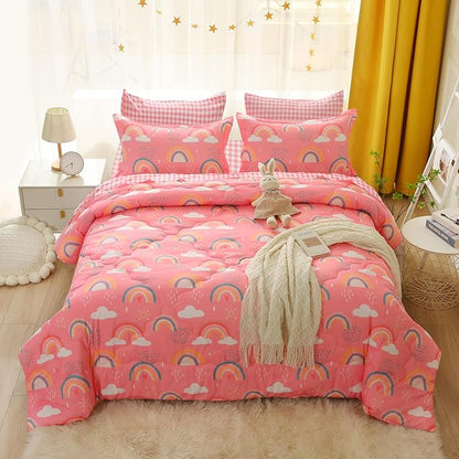 Twin Rainbow Comforter Set for Kids Girls Teens 7 Piece Pink Cloud Sun Pink Bed in a Bag 3D Cute Cartoon Love Hearts Bedding Set